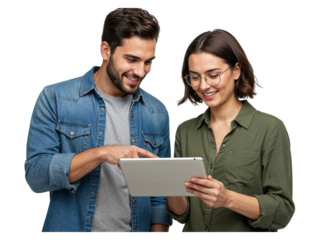 Young man and woman smiling and looking at a tablet computer together isolated on transparent background