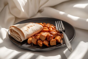 Close-up of chicken cubes with baked beans and flatbread on black plate