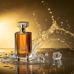 Elegant perfume bottle with golden liquid and water splash on golden background