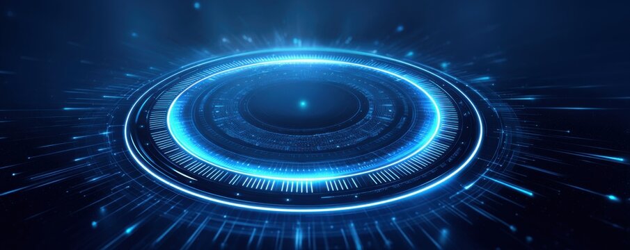Open Source Software Security concept..A futuristic circular design emitting blue light and energy, suggesting movement and technology.