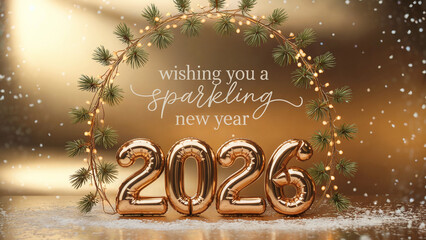 Sparkling New Year 2026 Golden Balloon Numbers with Festive Garland and Wishes on Gold Backdrop