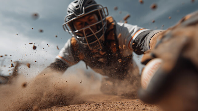 Baseball Catcher Diving Dramatically to Catch Ball in Action, Cinematic Sports Photography - Powered by Adobe