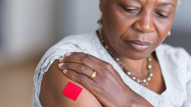 Elderly woman examining her vaccination bandage at home in soft morning light - Powered by Adobe