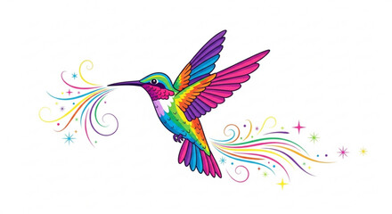 Obraz premium A vibrant hummingbird in flight with rainbowcolored plumage and sparkling trails, a whimsical and colorful illustration