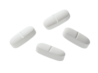 Four white oval shaped pills with a score line in the middle isolated on transparent background