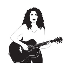 Black and white line art of a cool woman playing guitar in casual outfit minimalist stylish illustration