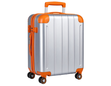 Angled Side View of Silver Hard-Shell Suitcase with Bright Orange Handles, isolated on transparent background.