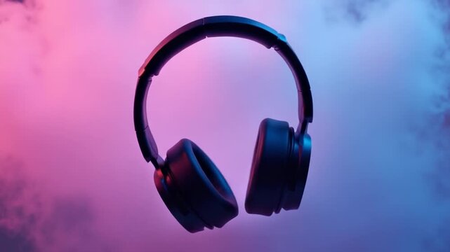 Black wireless headphones floating in colorful pink and blue smoke background, symbolizing modern music technology, high-quality sound, entertainment, and futuristic audio innovation