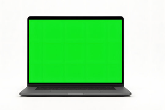 Laptop computer green screen mockup chroma key display blank notebook device isolated white background, modern business technology workspace, digital presentation template, online marketing, software 
