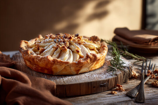 Rustic pear and goat cheese pie topped with nut crumble, served on a wooden board