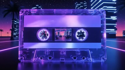Retro-Futuristic Synthwave Cityscape within a Transparent Cassette Tape at Night - Powered by Adobe