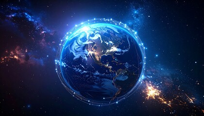 A vibrant digital depiction of Earth from space, showcasing a network of interconnected nodes encircling the globe. Cosmic background, stunning visuals