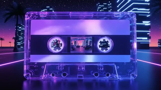 Retro-Futuristic Synthwave Cityscape within a Transparent Cassette Tape at Night - Powered by Adobe