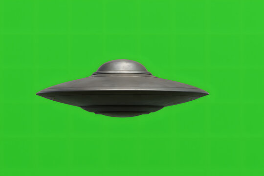 Flying saucer UFO isolated on green screen background, futuristic alien spacecraft hovering, science fiction object with chroma key backdrop, unidentified aerial vehicle digital template