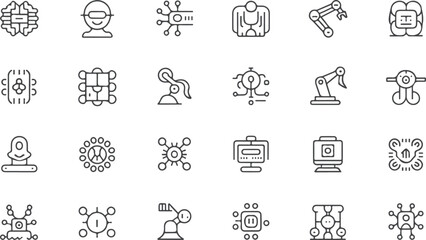 AI in business line icon set. Vector pictograms of chip, machine, learning, neural, network, customer service, artificial intelligence, innovation, dashboard, collaboration thin linear illustration