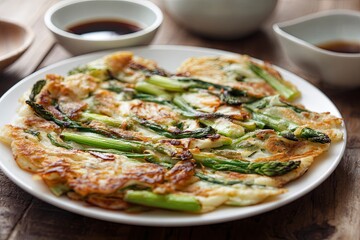 Vegetable Omelette with Green Asparagus on White Plate in Rustic Setting