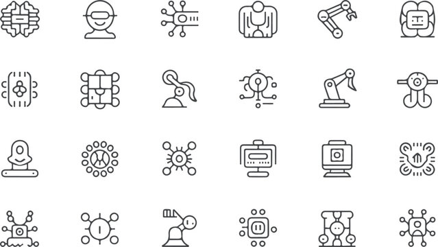 AI in business line icon set. Vector pictograms of chip, machine, learning, neural, network, customer service, artificial intelligence, innovation, dashboard, collaboration thin linear illustration