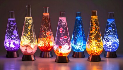 A vibrant arrangement of seven different-colored, illuminated lava lamps, each with a unique, mesmerizing internal flow