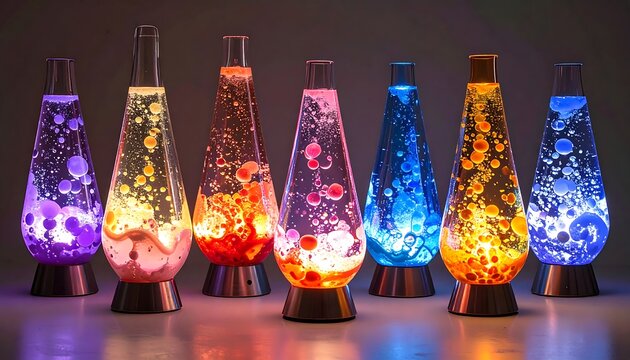 A vibrant arrangement of seven different-colored, illuminated lava lamps, each with a unique, mesmerizing internal flow - Powered by Adobe