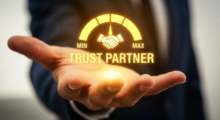 Vector art of closeup of a hand holding a glowing gauge indicating trust partner with a handshake icon