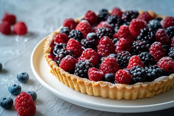 Delicious berry tart with fresh raspberries, blackberries, and blueberries on a white plate, a delightful dessert on a gray background
