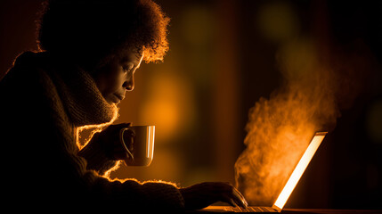 Warm glow of a cozy evening spent browsing on a laptop while sipping coffee