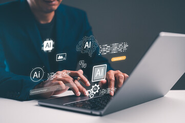 A person engages with a laptop, surrounded by digital icons representing artificial intelligence and technology.