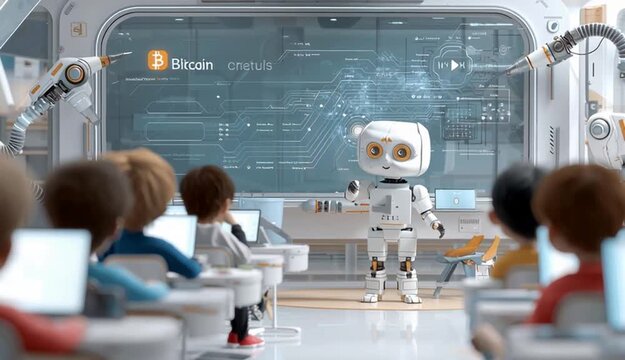 Footage motion of Futuristic Student learning Bitcoin Blockchain algorithms with Ai or Robot, digital currency, decentralized finance, learning or knowledge concept