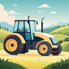 ector illustration of a modern tractor on farmland, colorful flat design, detailed and clea