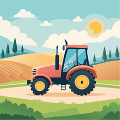 ector illustration of a modern tractor on farmland, colorful flat design, detailed and clea