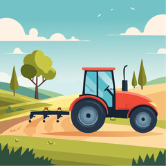 ector illustration of a modern tractor on farmland, colorful flat design, detailed and clea
