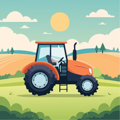 ector illustration of a modern tractor on farmland, colorful flat design, detailed and clea