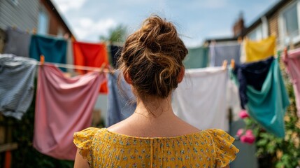 Naklejka premium Woman standing in front of clothesline with laundry hanging on it.