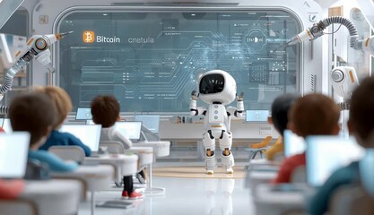 Footage motion of Futuristic Student learning Bitcoin Blockchain algorithms with Ai or Robot, digital currency, decentralized finance, learning or knowledge concept - Powered by Adobe