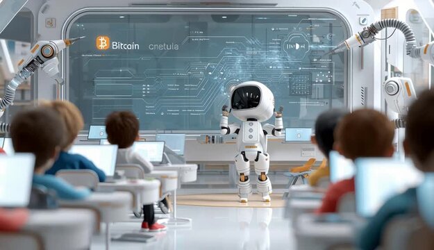 Footage motion of Futuristic Student learning Bitcoin Blockchain algorithms with Ai or Robot, digital currency, decentralized finance, learning or knowledge concept