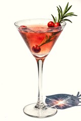 Refreshing red cocktail with berries and herbs served in a tall glass,  christmas, newyear 