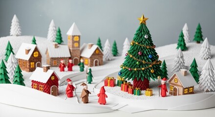 A charming and intricate papercraft Christmas village scene with tiny houses carolers a decorated tree and presents is set in a snowy miniature winter wonderland

