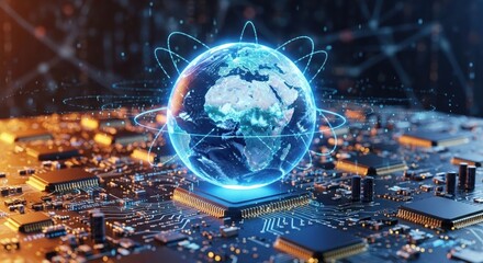 A glowing blue digital hologram of planet Earth focused on Europe and Africa hovers over a complex circuit board representing the interconnected global network and technology

