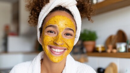 Woman wearing yellow face mask smiling in kitchen.