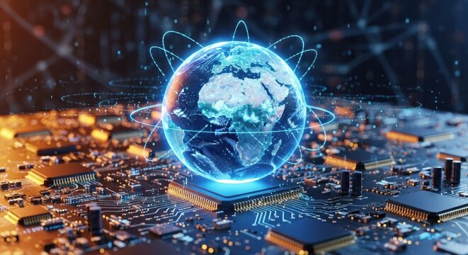 A glowing blue digital hologram of planet Earth focused on Europe and Africa hovers over a complex circuit board representing the interconnected global network and technology