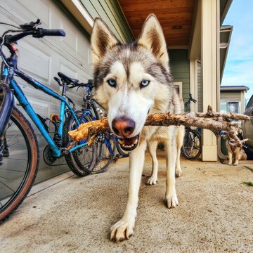 Dog carrying stick outdoors