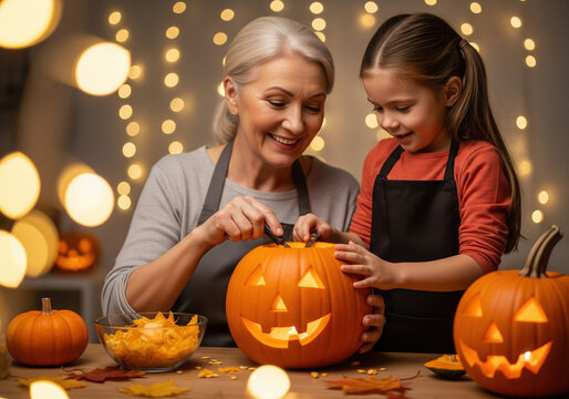 A happy grandmother and her cute granddaughter smile and bond while carving a jack-o'-lantern together at a table decorated with festive bokeh lights for Halloween