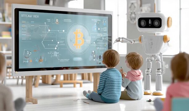 Footage motion of Futuristic Student learning Bitcoin Blockchain algorithms with Ai or Robot, digital currency, decentralized finance, learning or knowledge concept