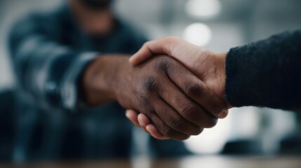 Fototapeta premium A close up of two diverse hands shaking firmly symbolizing trust agreement and successful business partnership in a professional setting
