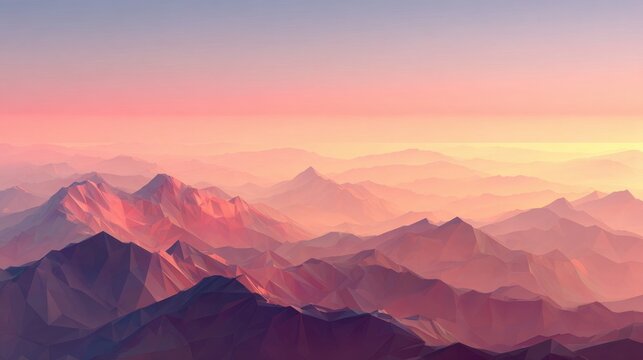 
A low-polygon illustration of a mountain range at sunrise, with its peaks towering majestically against a clear sky in shades of blue and pink