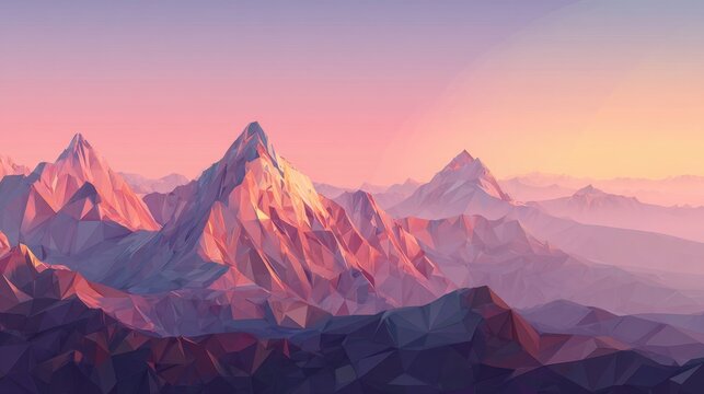 A low-poly mountain range at sunrise, with sharp peaks and soft lighting, rendered in a digital art style with geometric shapes and a pastel color palette
