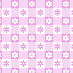 Pastel pink gingham check seamless pattern with cute flowers