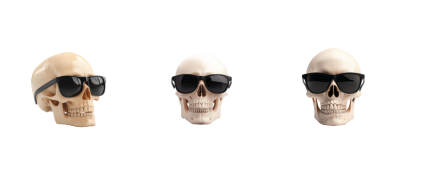 Trio of skulls wearing sunglasses on black background