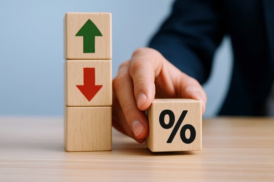 Interest Rates Unpredictability Displayed by Wooden Blocks with Fluctuating Arrows and a Percent Symbol Suggesting Market Instability