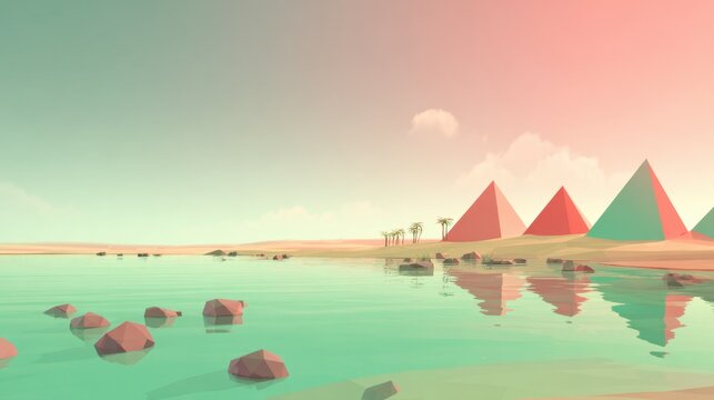 Low poly wallpaper landscape of a mountain range at sunset, soft gradient sky 